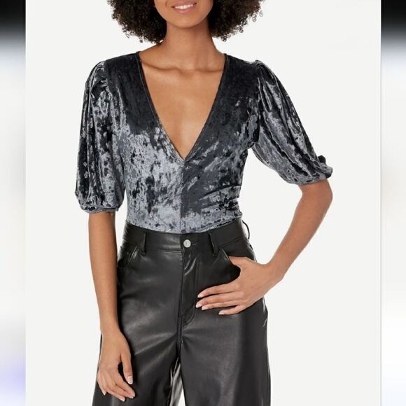 Free People Don't You Wish Crushed Velvet Puff Sleeve Bodysuit Blue Gray Small - Picture 2 of 12
